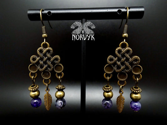 Boucles d'oreilles viking Freya entrelacs couleur bronze et perles Craquelés.
